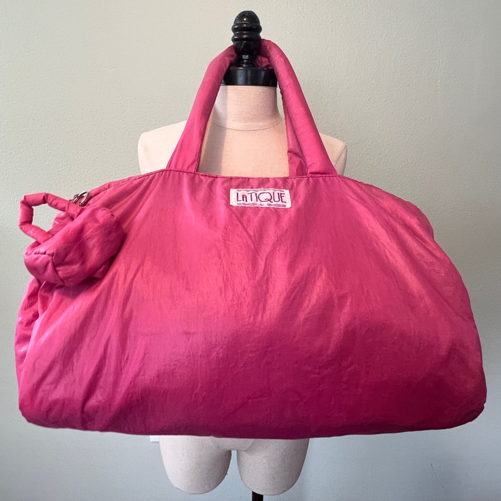 Vintage 80s Latique Mini Duffle Puffer Pink Parachute Gym Bag w mini purse